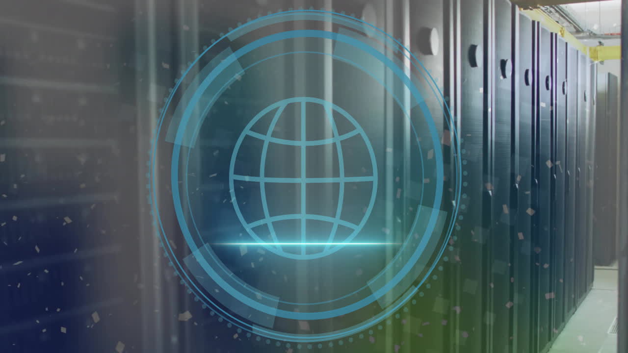 Animation of globe and data processing over computer servers