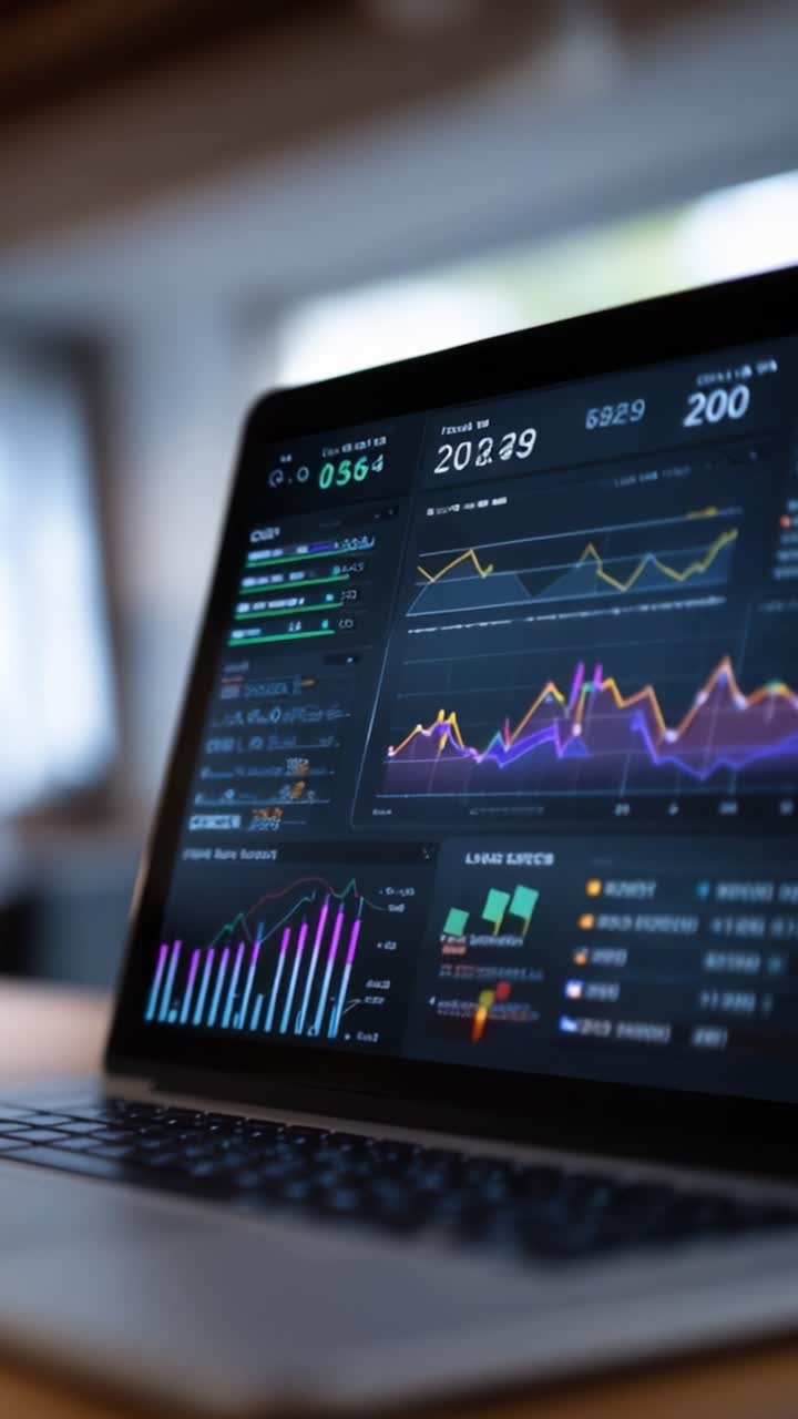 Dynamisk analysedashbord som viser sanntidsdatatrender, målinger og visualiseringer på en bærbar PC i et moderne arbeidsmiljø