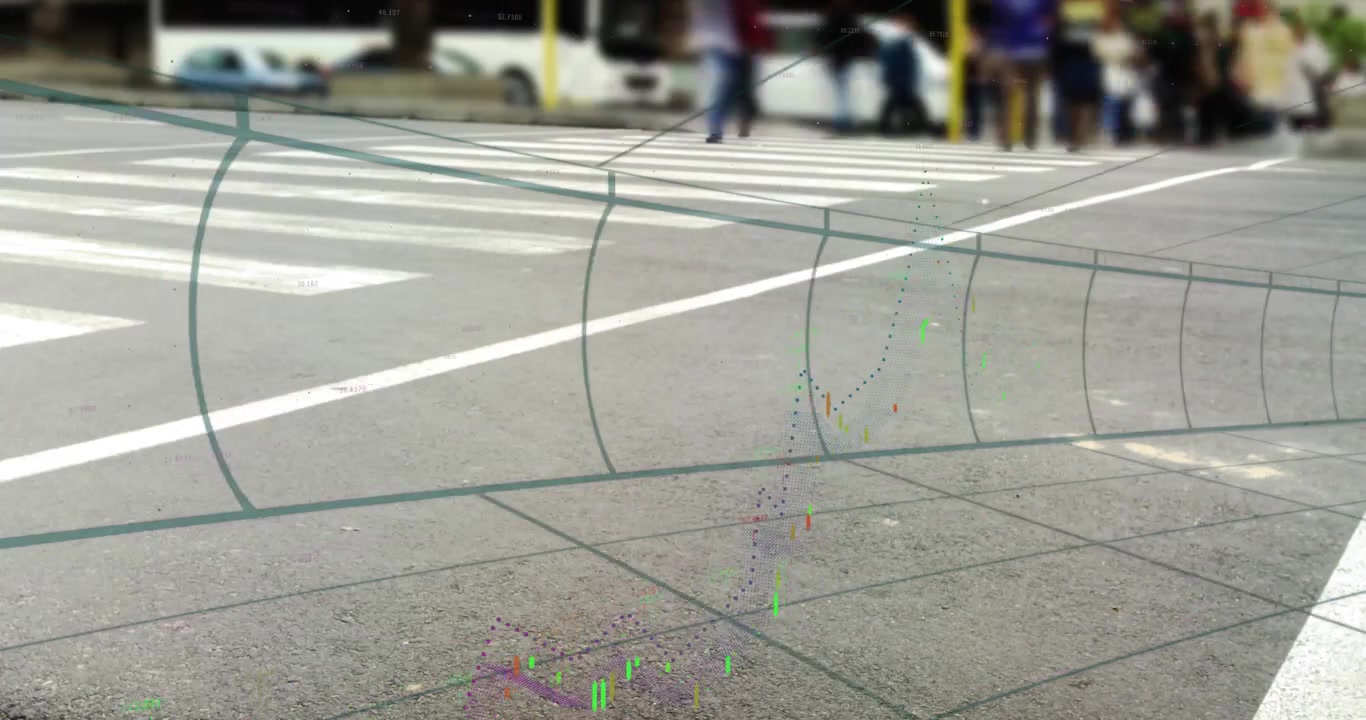 People Walking Across City Crosswalk with Digital Data Overlay