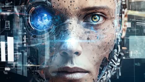 a woman with blue eyes in front of a futuristic interface