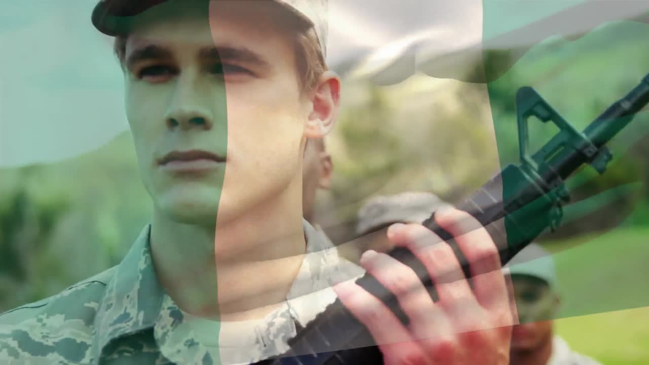 анимация флага нигерии над солдатами