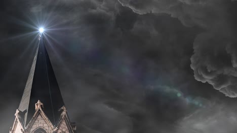 iglesia brillante animada con nubes de tormenta de fondo