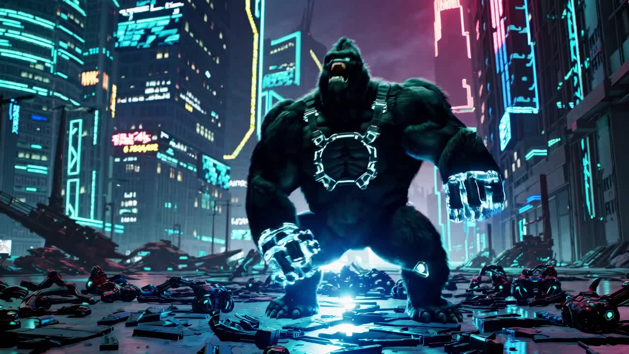 Cyberpunk Gorilla in a Post-Apocalyptic City