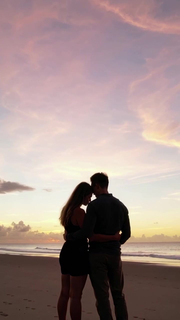 Video verticale: Coppia romantica che si guarda e si abbraccia in spiaggia mentre il sole tramonta, indossando abiti scuri