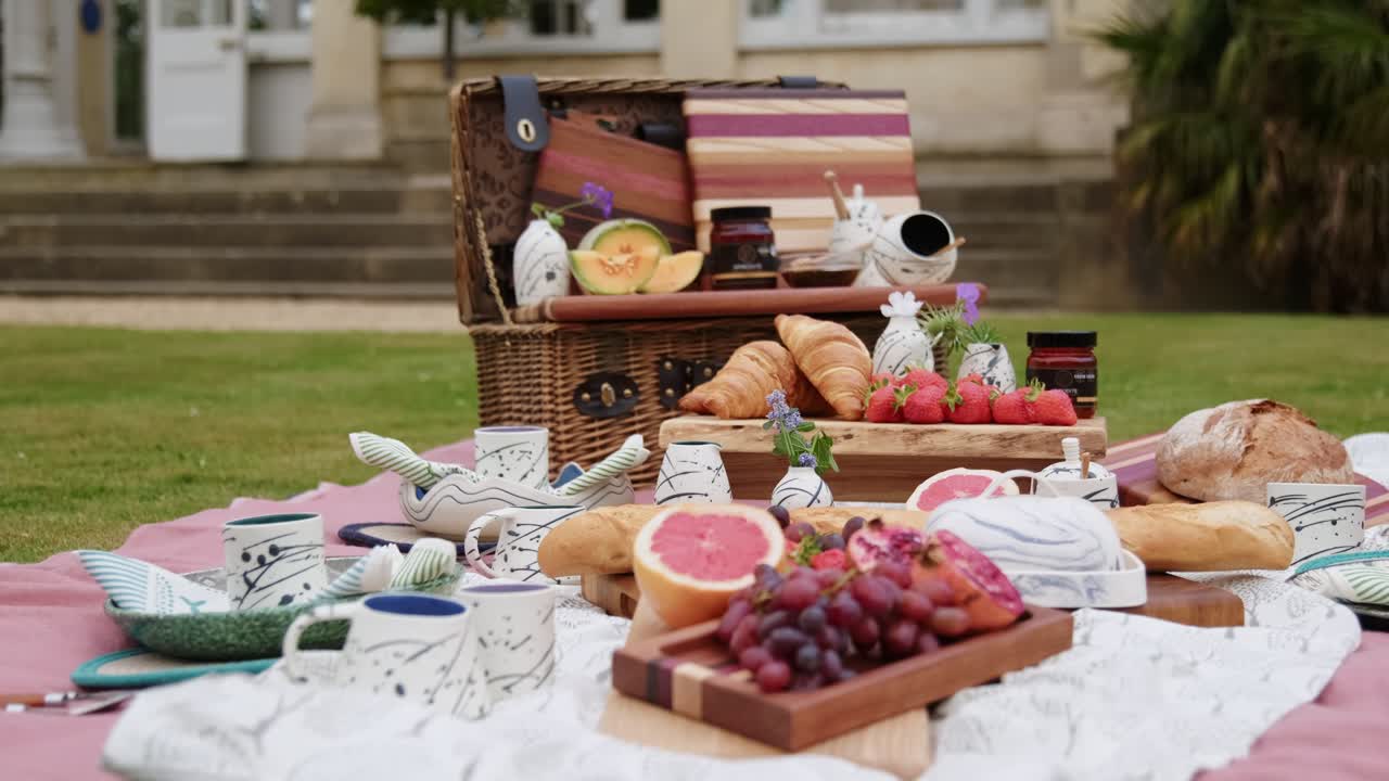 Picnic blanket on grass with picnic basked and a lot different food and drinks during warm sunny day.