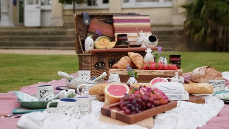 picnic blanket on grass with picnic basked and a lot different food and drinks during warm sunny day.