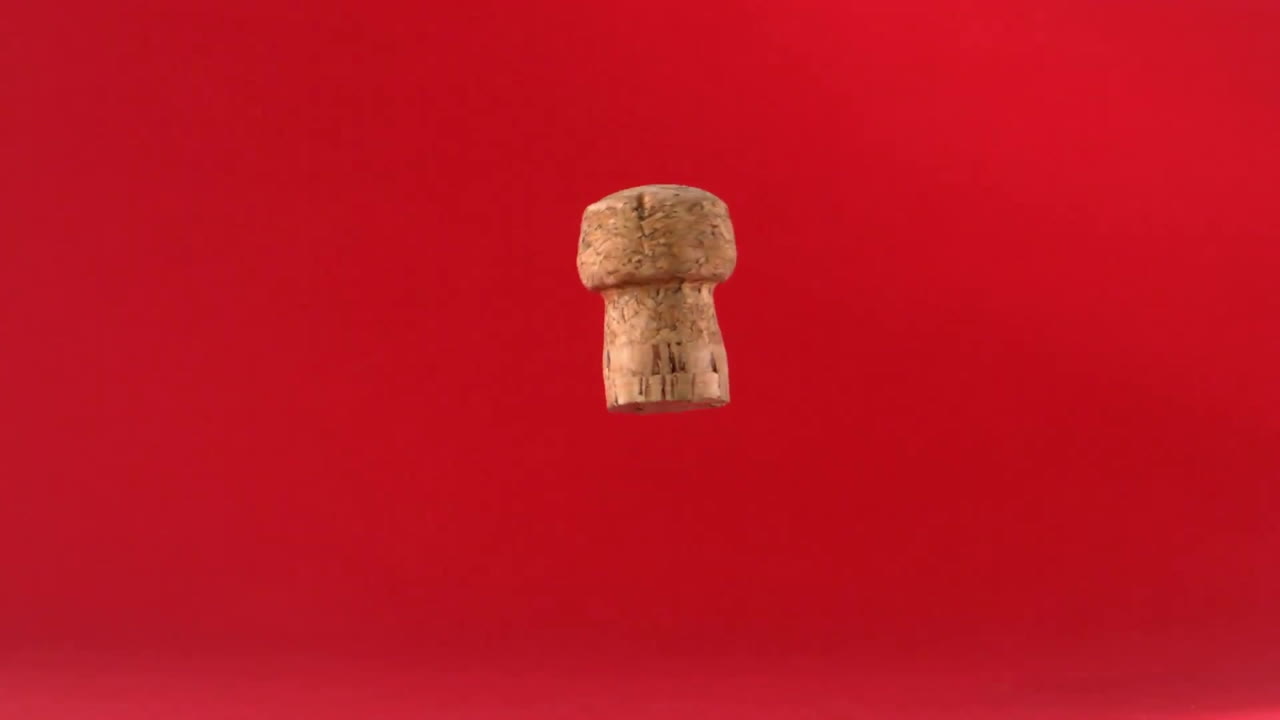 Animazione di tappo di champagne e fuochi d'artificio su sfondo rosso