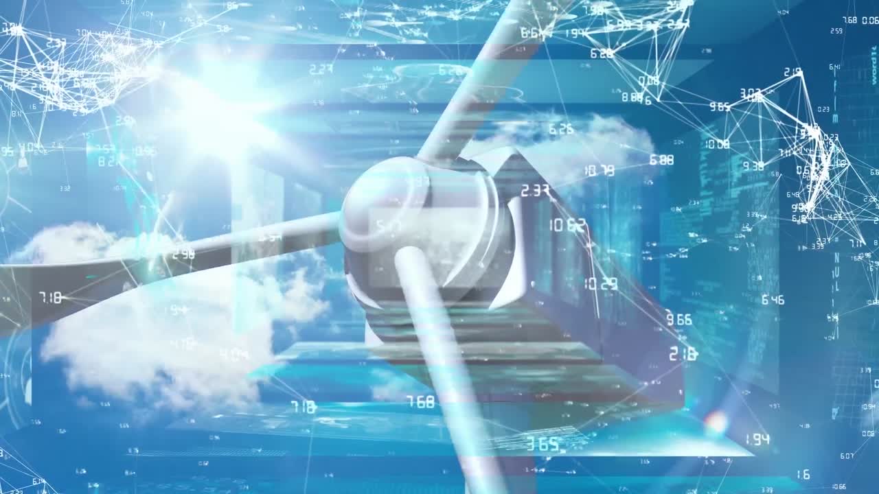 데이터 처리 및 풍력 터빈과 함께 연결 네트워크의 애니메이션 구름과 함께 하늘 위에