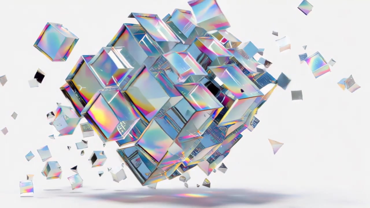 Colorful holographic glass cubes forming a geometric cluster with scattered fragments, floating in clean studio space on white background, futuristic abstract design