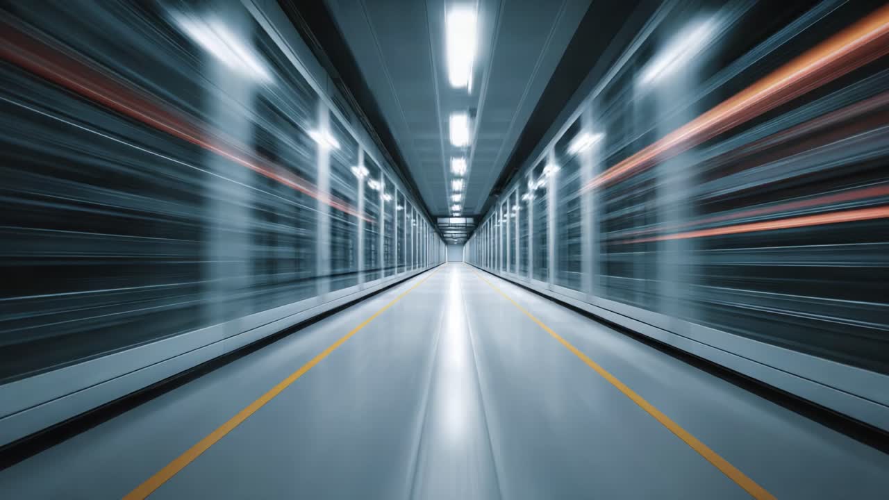 Prospettiva dinamica di un corridoio di data center futuristico caratterizzato da connettività ad alta velocità ed efficiente sistema di trasferimento dati in un ambiente tecnologico avanzato