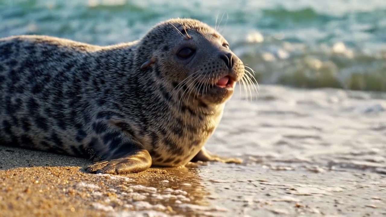 Un'affascinante foca che si rilassa sulla riva sabbiosa: Testimonia i momenti pacifici della natura mentre questo adorabile mammifero marino si gode la luce del sole vicino alle dolci onde
