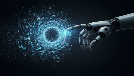 a robotic hand reaches out to touch a digital vortex, representing the intersection of technology and artificial intelligence in a futuristic landscape