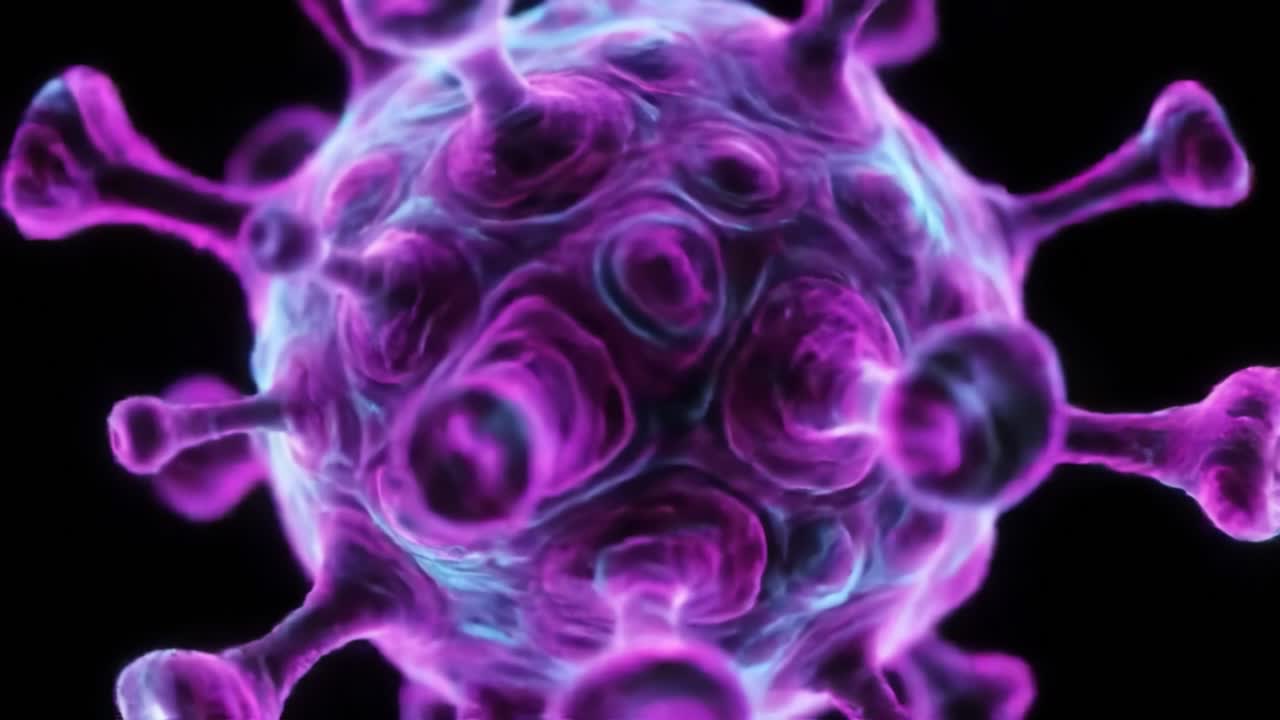 Microscopic Visualization of a Virus Structure: Exploring the Intricate Details of a Colorful Pathogen Represented in Vivid Purple and Blue Hues