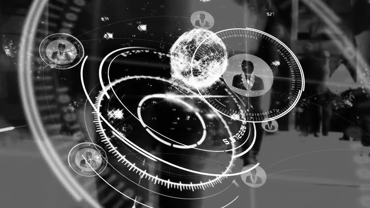 animación de iconos digitales de globo giratorio y peatones en la ciudad