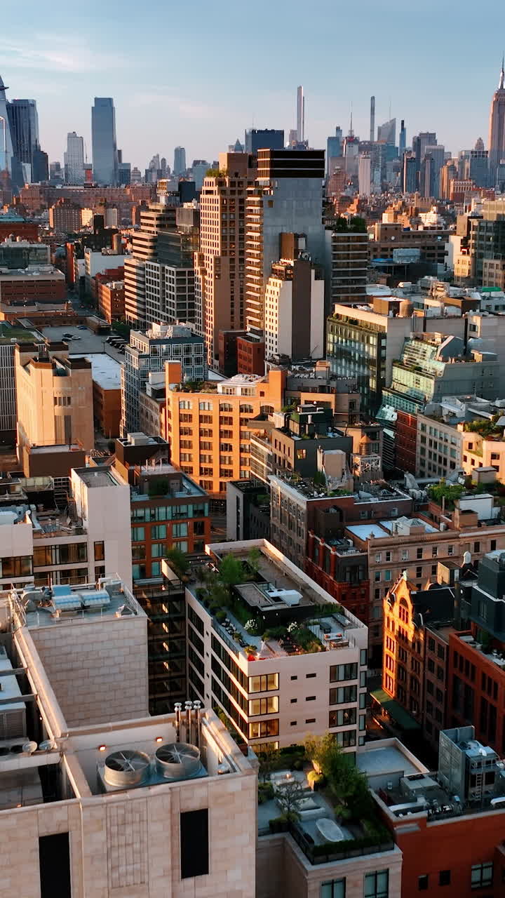 Sunlit facades of the various buildings in New York architecture. Cozy houses with gardens and lounge zones on the tops. Aerial view. Vertical video