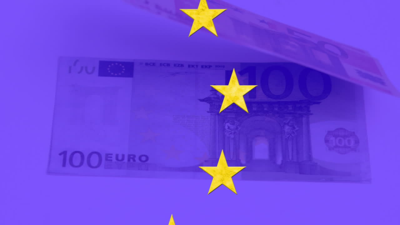 유로 지폐 위에 회전하는 노란색 별들