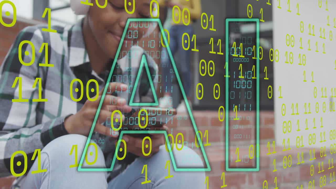 animación de un texto y datos sobre una estudiante biracial en hijab con un teléfono inteligente