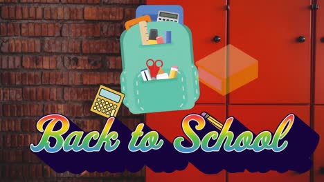 Animation-Von-„Back-To-School“-Texten-Und-Symbolen-Für-Schulgegenstände-über-Schulspinden