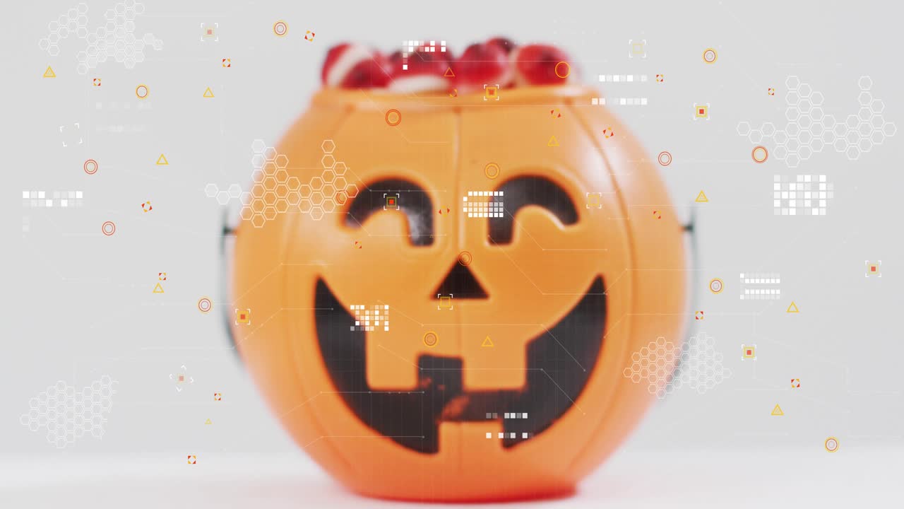 Grafica animata che emerge attorno a un secchiello a zucca, pulsando e fluttuando, evidenziando un concetto di rete.