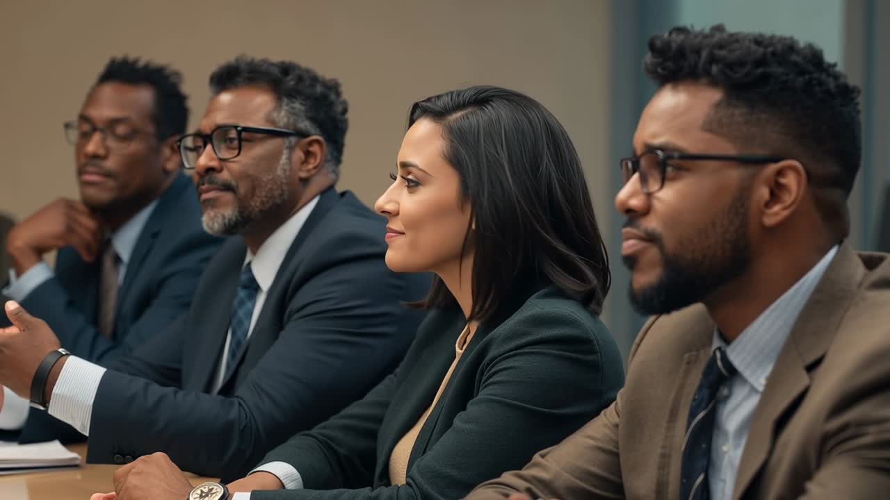 Listening center woman in dark blazer responding to speaking peer at meeting table papers