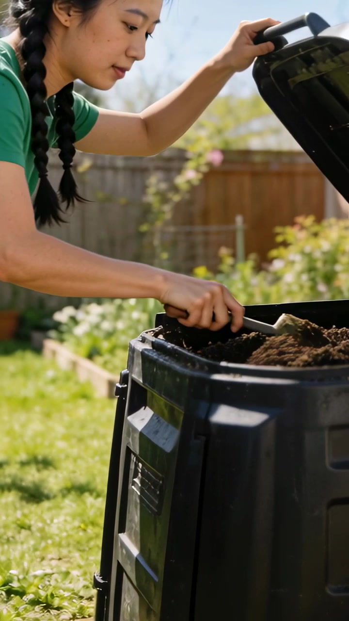 Vertical video: Lifting lid, woman in green tee scooping soil from black bin for plants, copy space