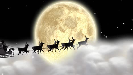 Animation-of-santa-claus-in-sleigh-with-reindeer-moving-over-clouds-and-moon