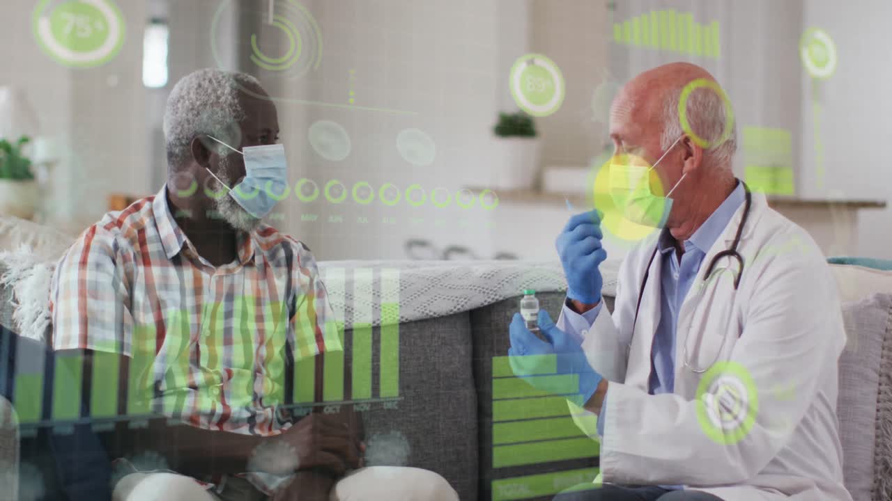 Animation of data processing over caucasian male doctor with patient