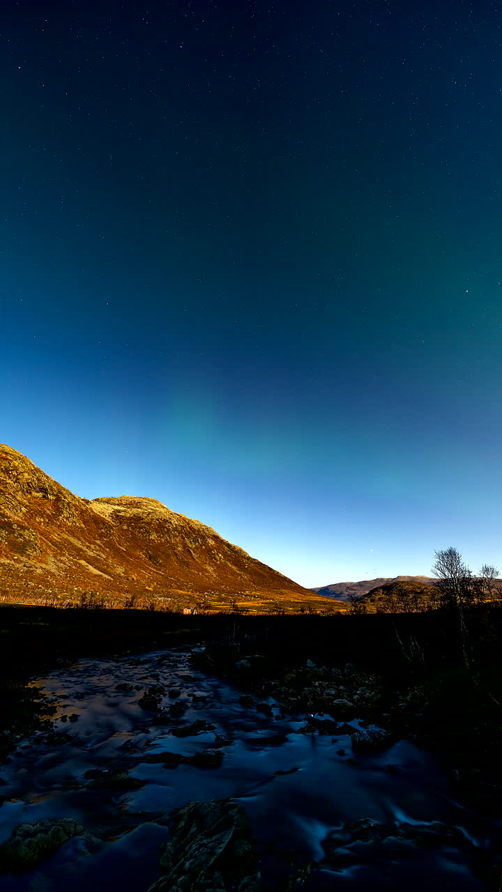 L'aurora brilla sopra una valle fluviale e le montagne a Kattfjordeidet vicino a Tromsø, Norvegia, timelapse verticale
