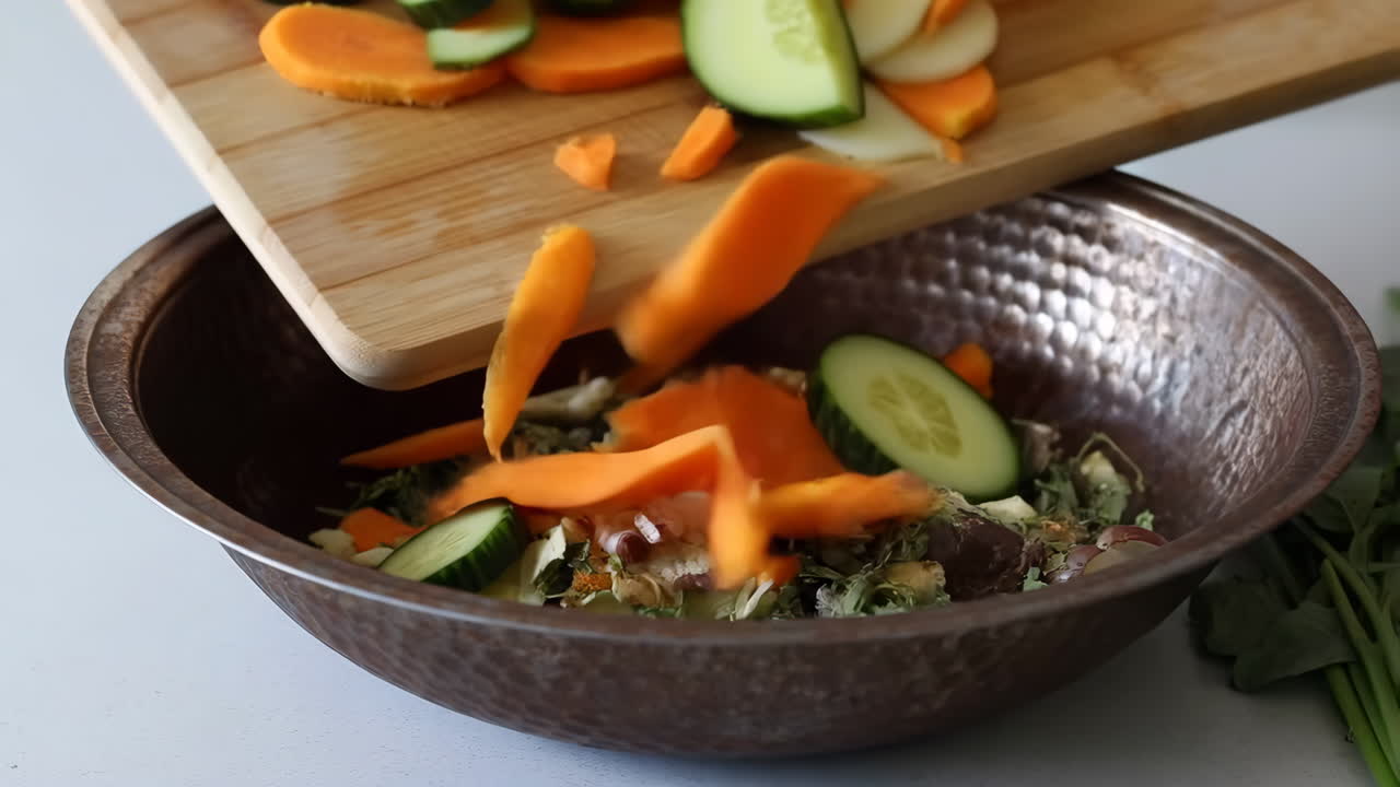Transferring Sliced Vegetables and Scraps to a Bowl