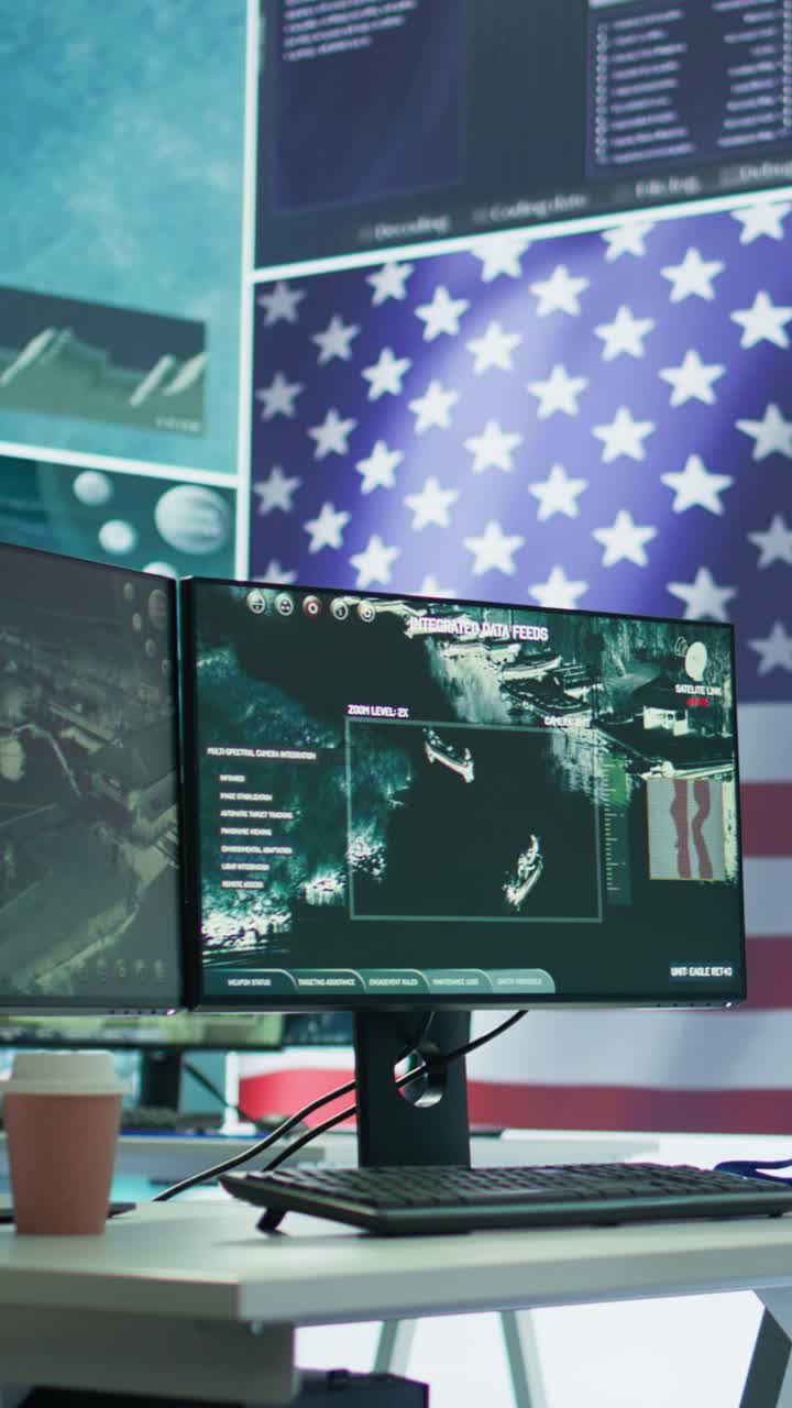 Vertical Video Empty operation room with American flag running on big screen in control tower