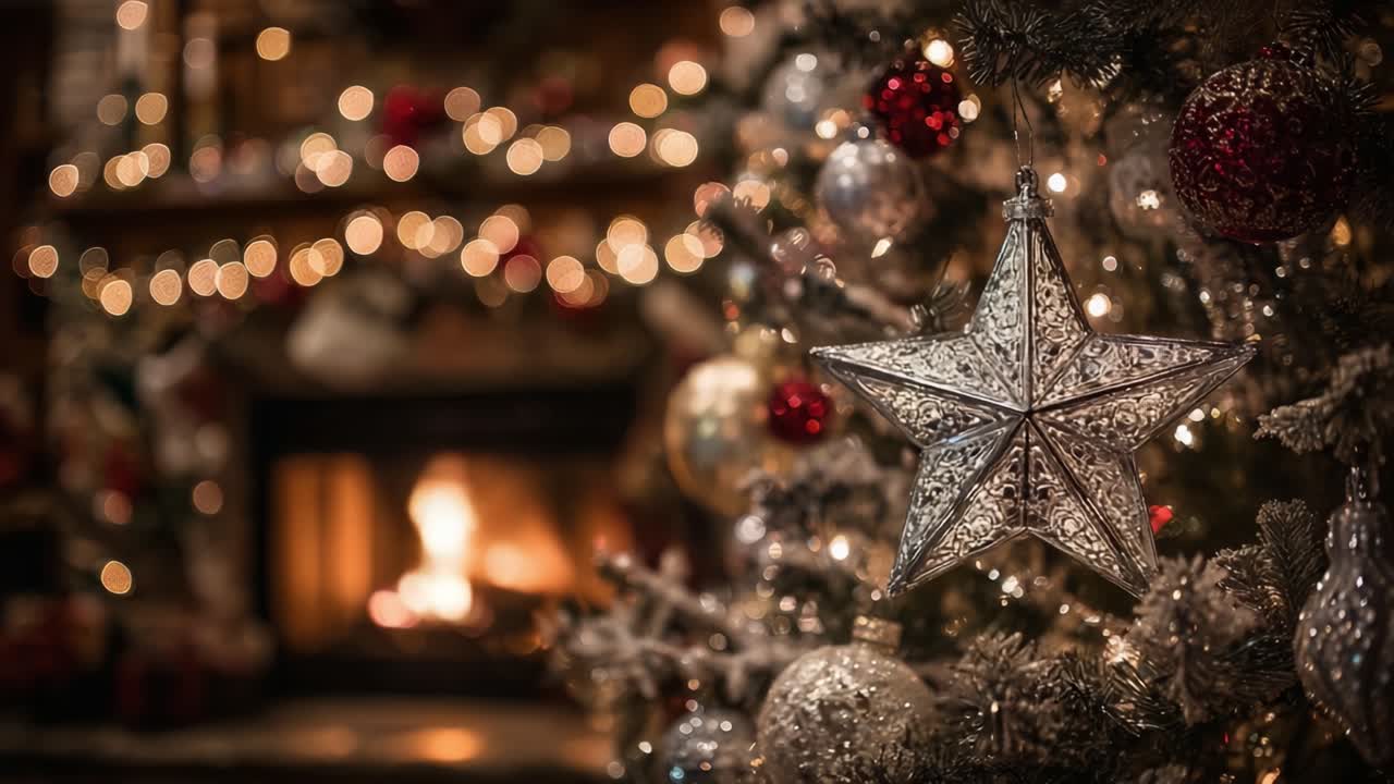 Un albero di Natale decorato in modo splendido con luci scintillanti e una decorazione a forma di stella argentata, sullo sfondo accogliente di un caminetto acceso