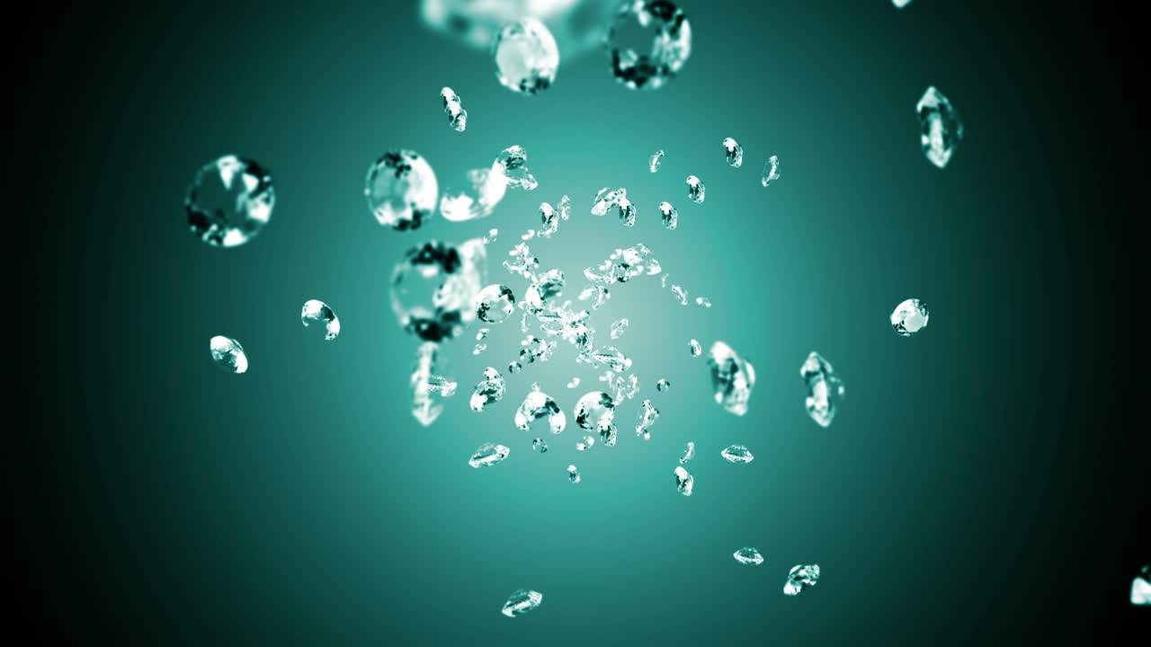 에메랄드 녹색 바탕에 많은 보석 다이아몬드를 날아. 투명하고 귀중한 보석을 빛니다. 화려한 다이애몬드 회전의 3d 애니메이션. 루프 애니메이션.