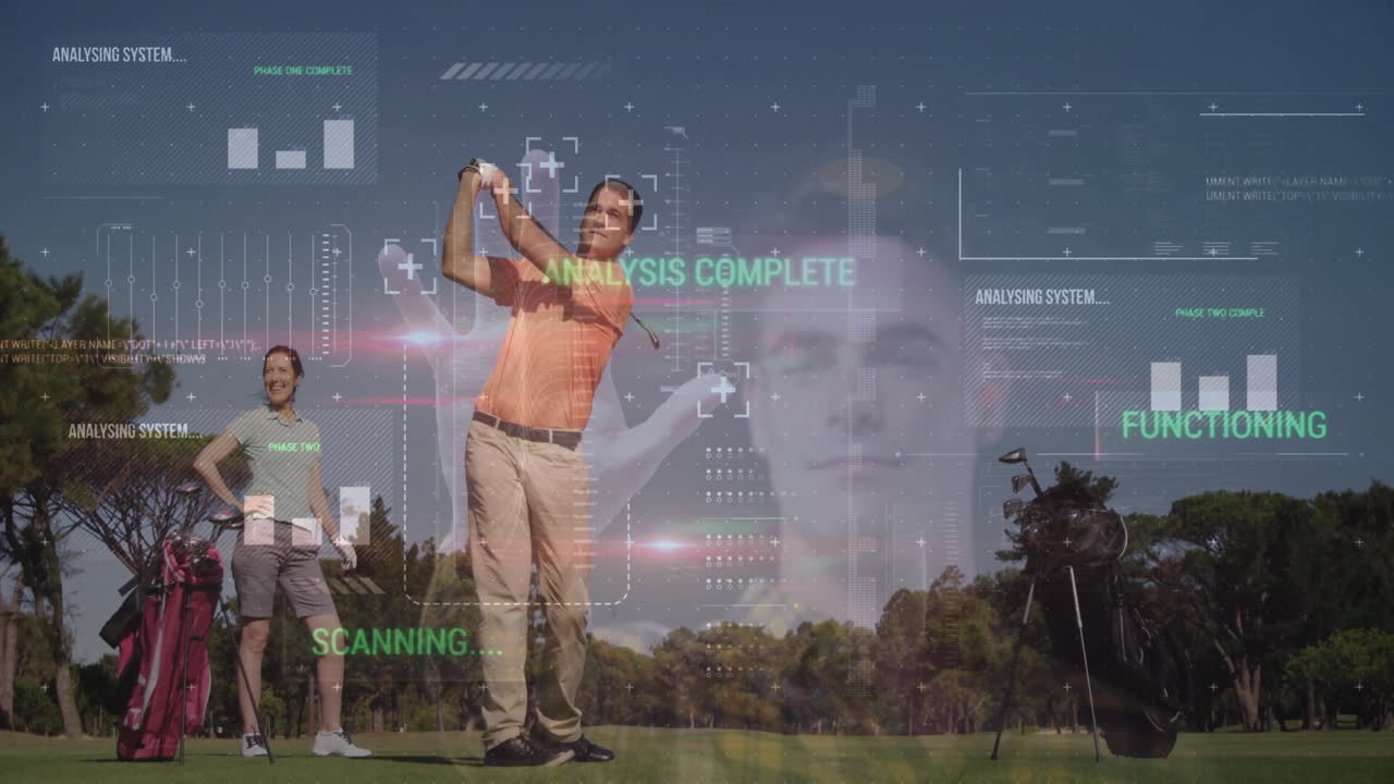 Swinging club, golfer with animation and digital analysis on course