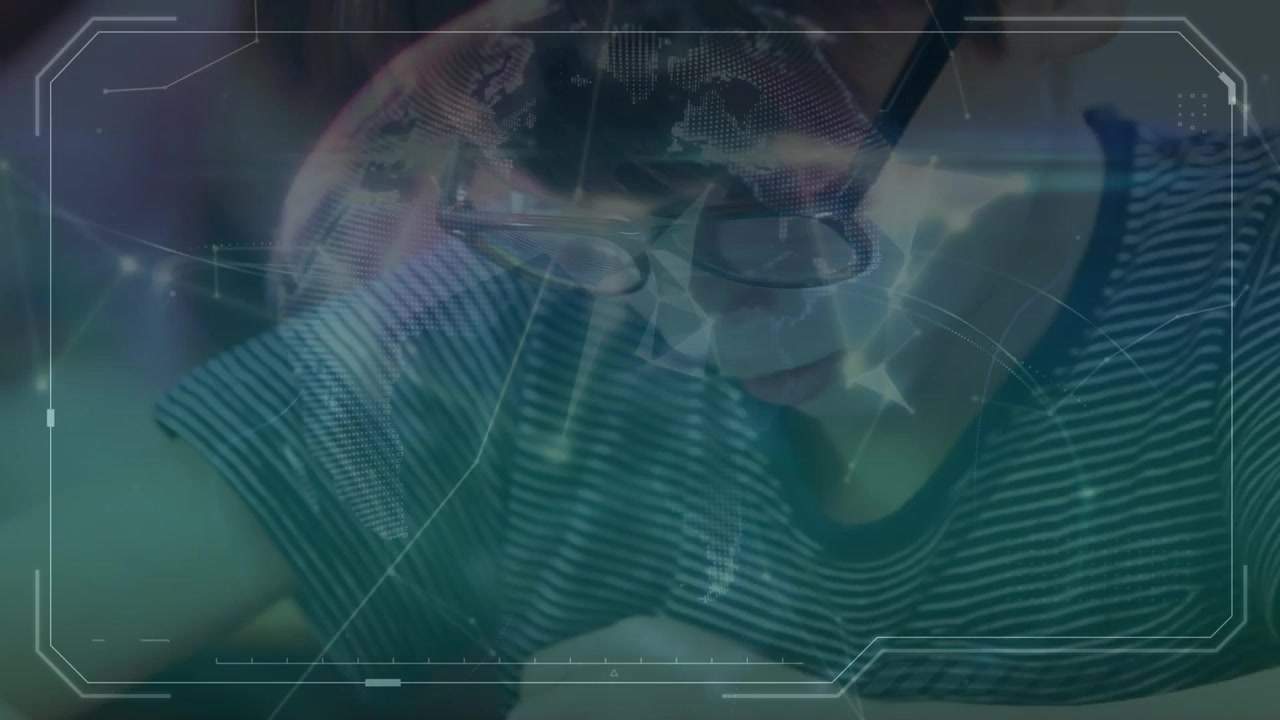 Animation of network of connection with data processing over caucasian schoolboy