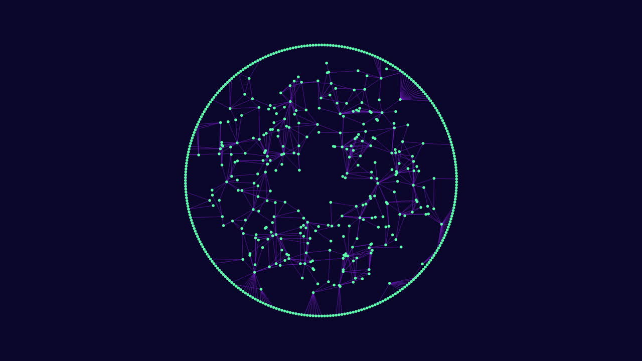 A dark image featuring a grid of dots forming a circular network with green lines on a blue backdrop