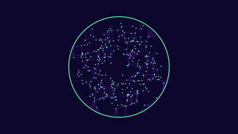 a dark image featuring a grid of dots forming a circular network with green lines on a blue backdrop
