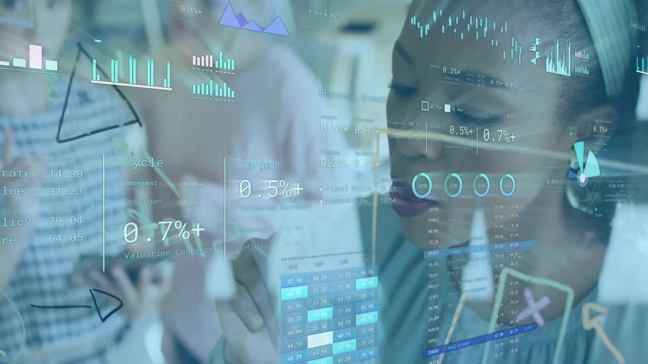 Animation of infographic interface over african american businesswoman writing ideas on glass wall