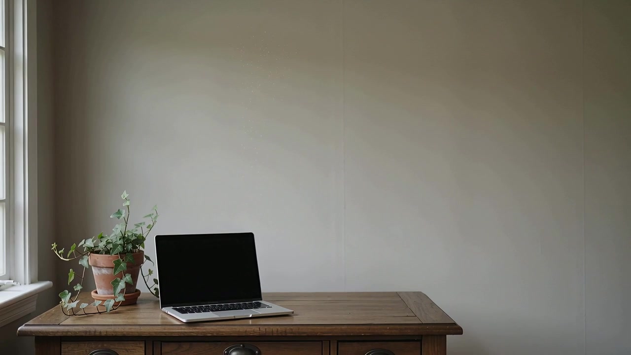 Pulling back camera revealing laptop and potted plant on dresser at home, showing blank wall space