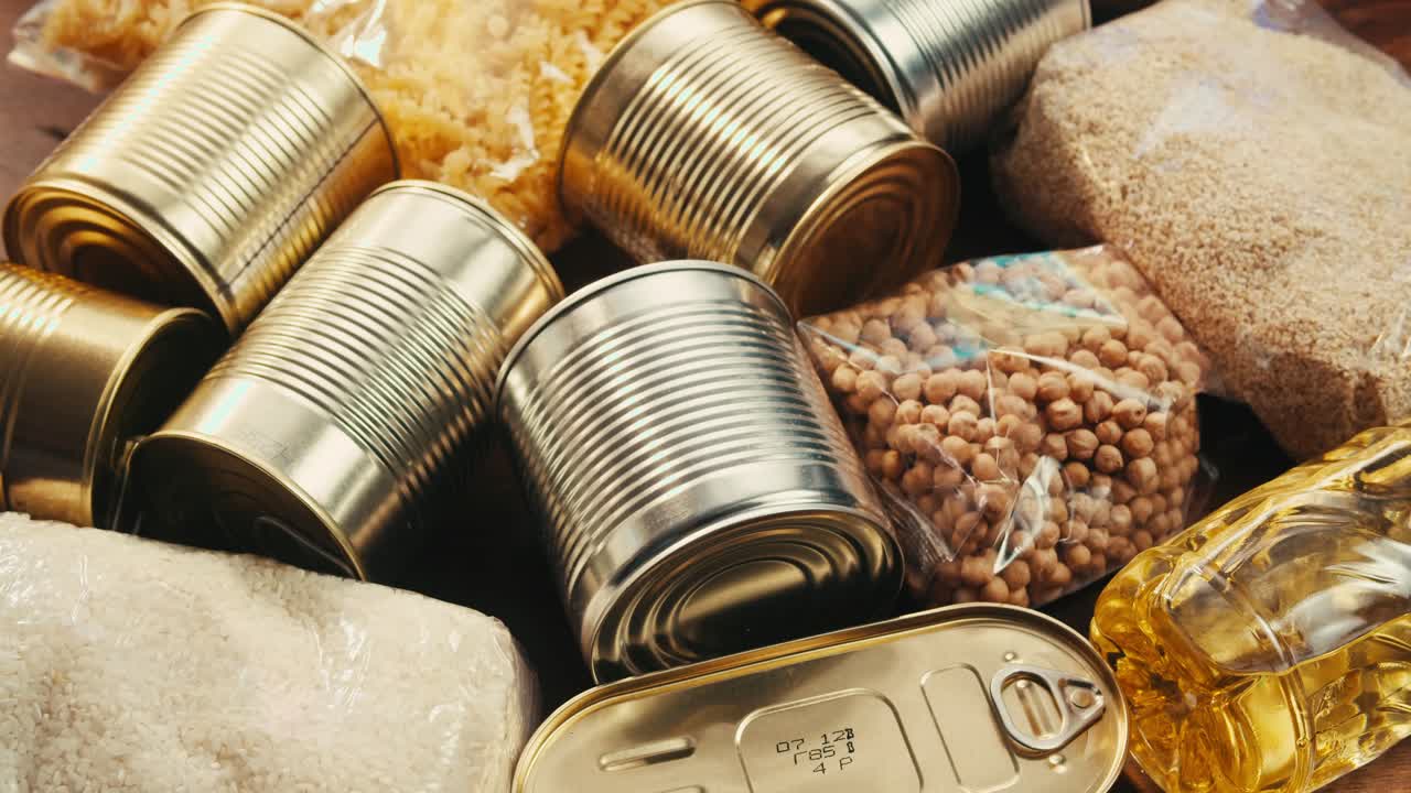Canned cereals beans fish and vegetables, an assortment of processed foods, supermarket cart online shopping, delivery.