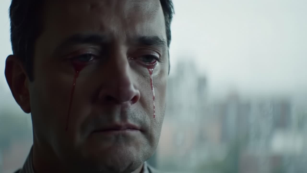A man sits in a dimly lit room, tears streaming down his face as he experiences deep emotional pain. The atmosphere is heavy, reflecting the gravity of his emotional state.