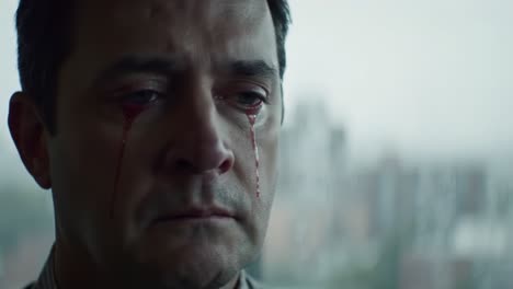 a man sits in a dimly lit room, tears streaming down his face as he experiences deep emotional pain. the atmosphere is heavy, reflecting the gravity of his emotional state.