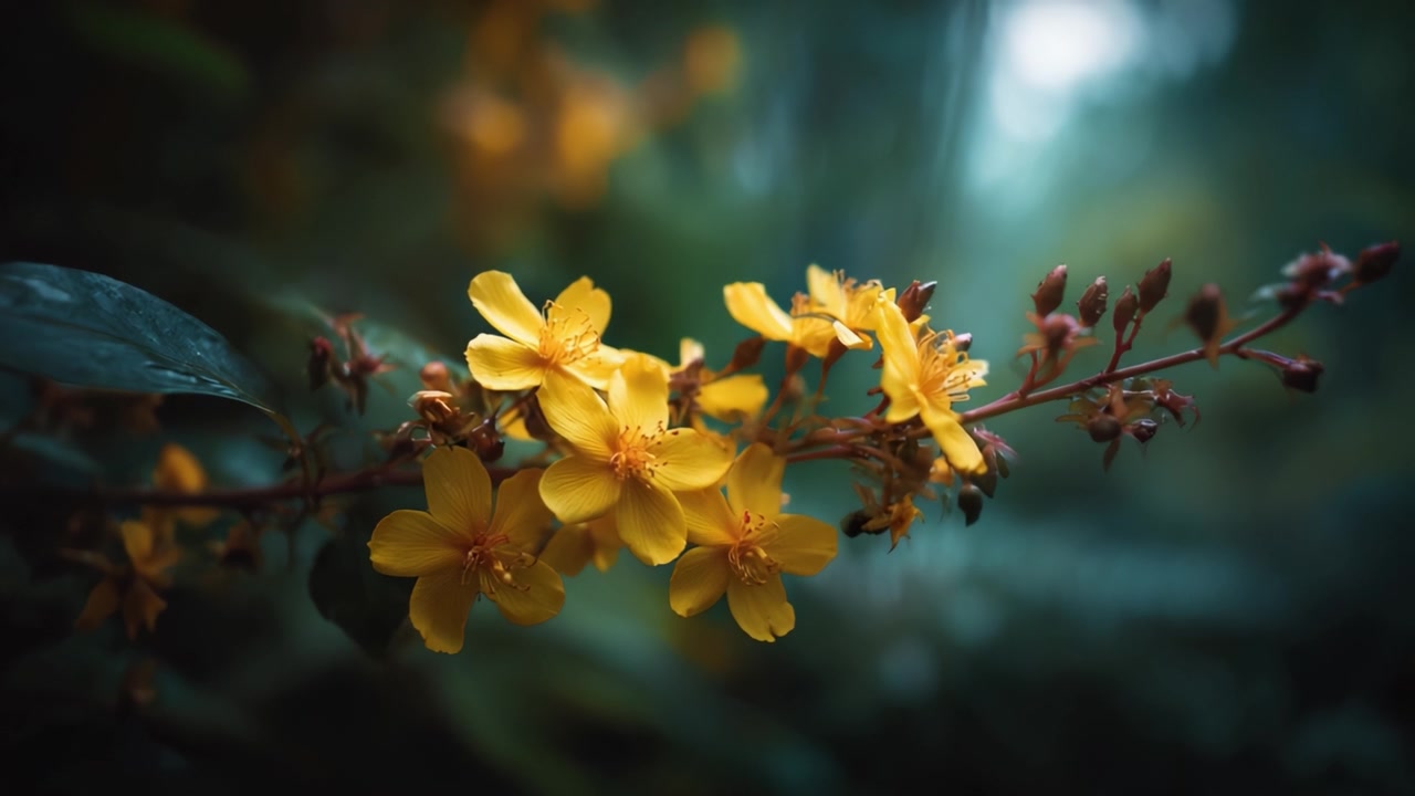 Fiori gialli vivaci in natura: una splendida vista ravvicinata di fioriture di iperico circondate da una vegetazione lussureggiante, che cattura l'essenza della gioia estiva.