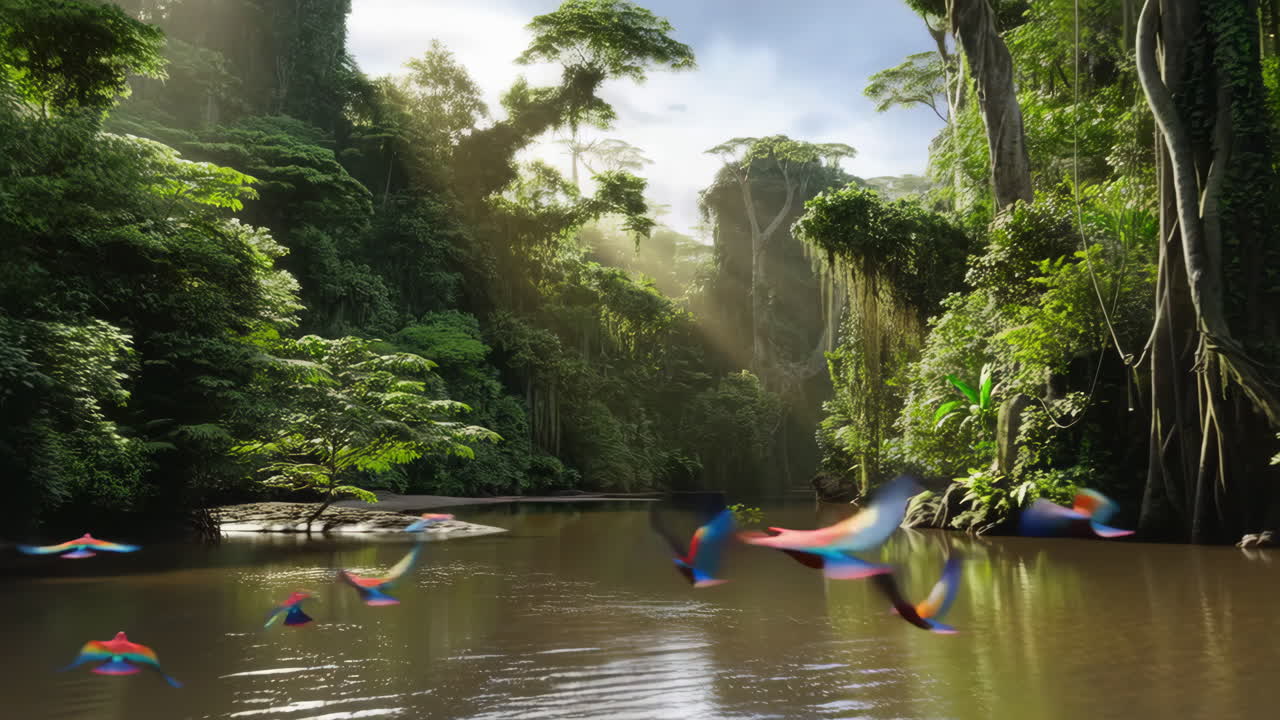 Colorful Birds Flying Over a Serene Jungle River