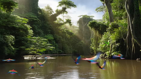 colorful birds flying over a serene jungle river