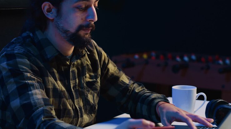 Man spending money while doing online shopping, typing debit card information
