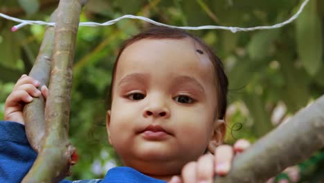 innocent infant holding tree branch with cute facial expression at day from flat angle