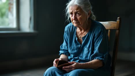 elderly woman appears sad and worried while holding a wallet