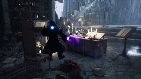 el mago aprende nuevos hechizos y combate la magia en su antiguo castillo místico. la animación en bucle es para fantasía, fondos mágicos o históricos.