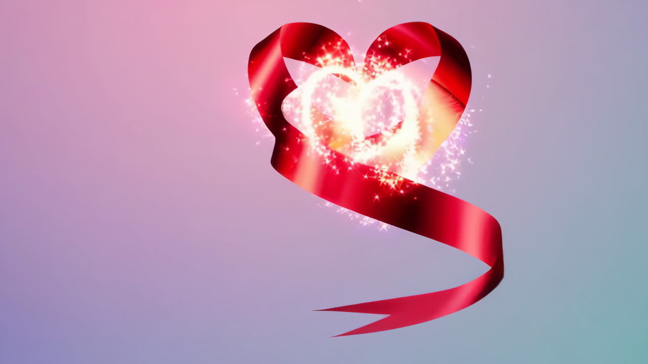 Red Ribbon Heart with Glowing Particles on Gradient Background