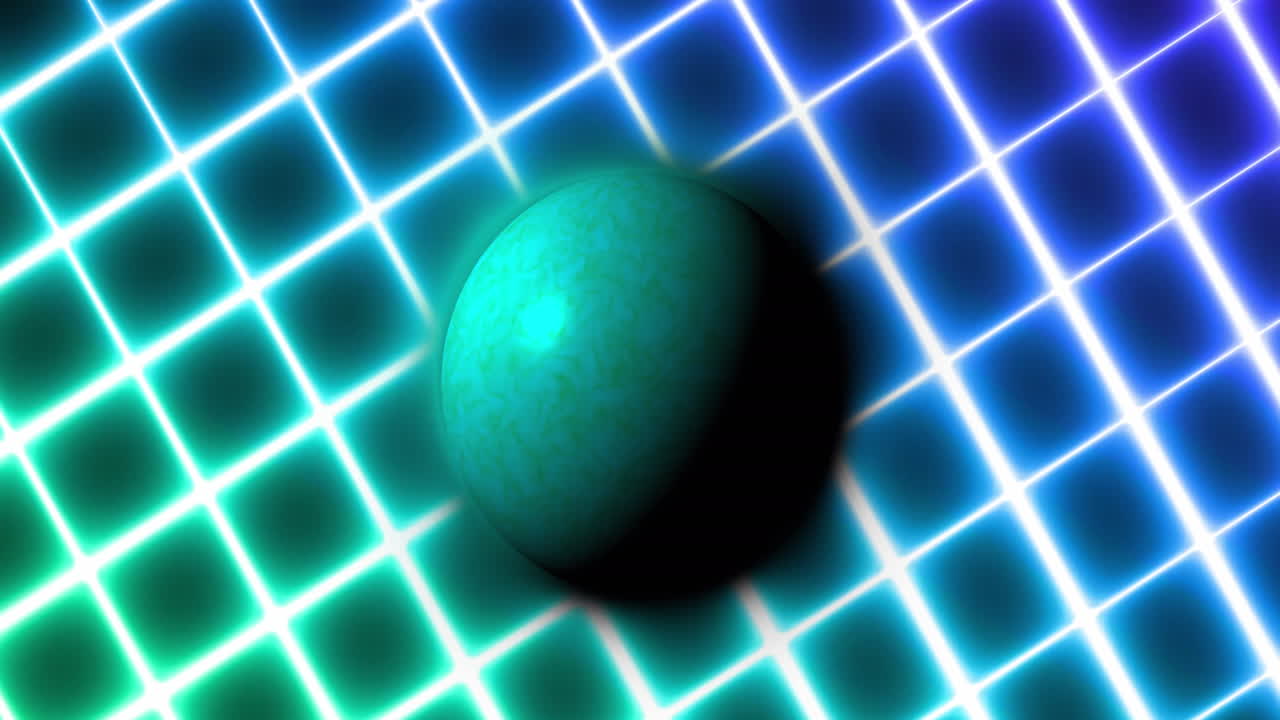 animación de formas de neón en movimiento y globo sobre fondo negro.